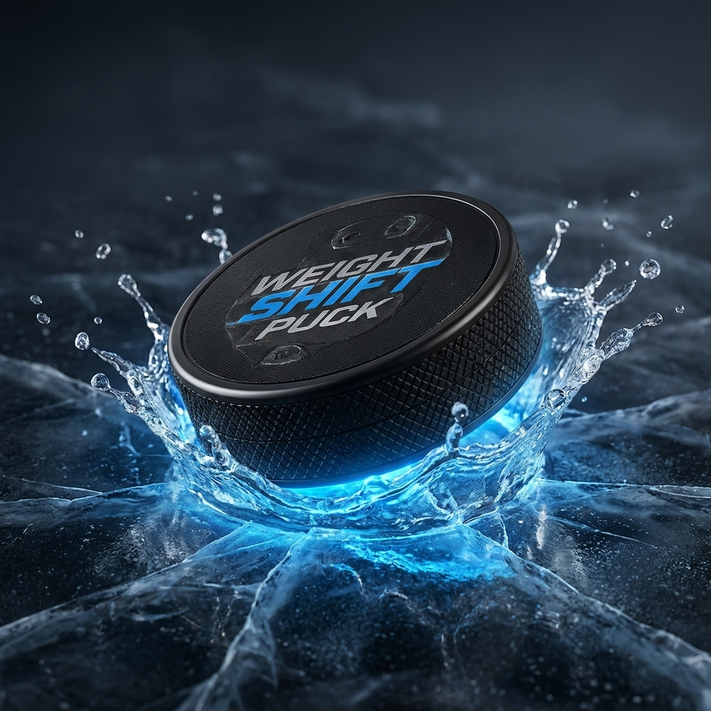 Weight Shift Puck branded puck on ice with electric blue glow