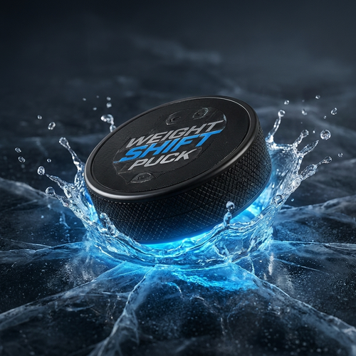 Weight Shift Puck branded puck on ice with electric blue glow
